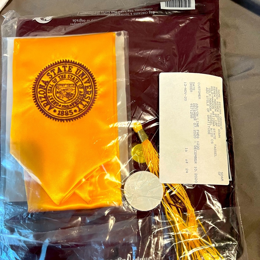 ASU graduation gown, cap and stole